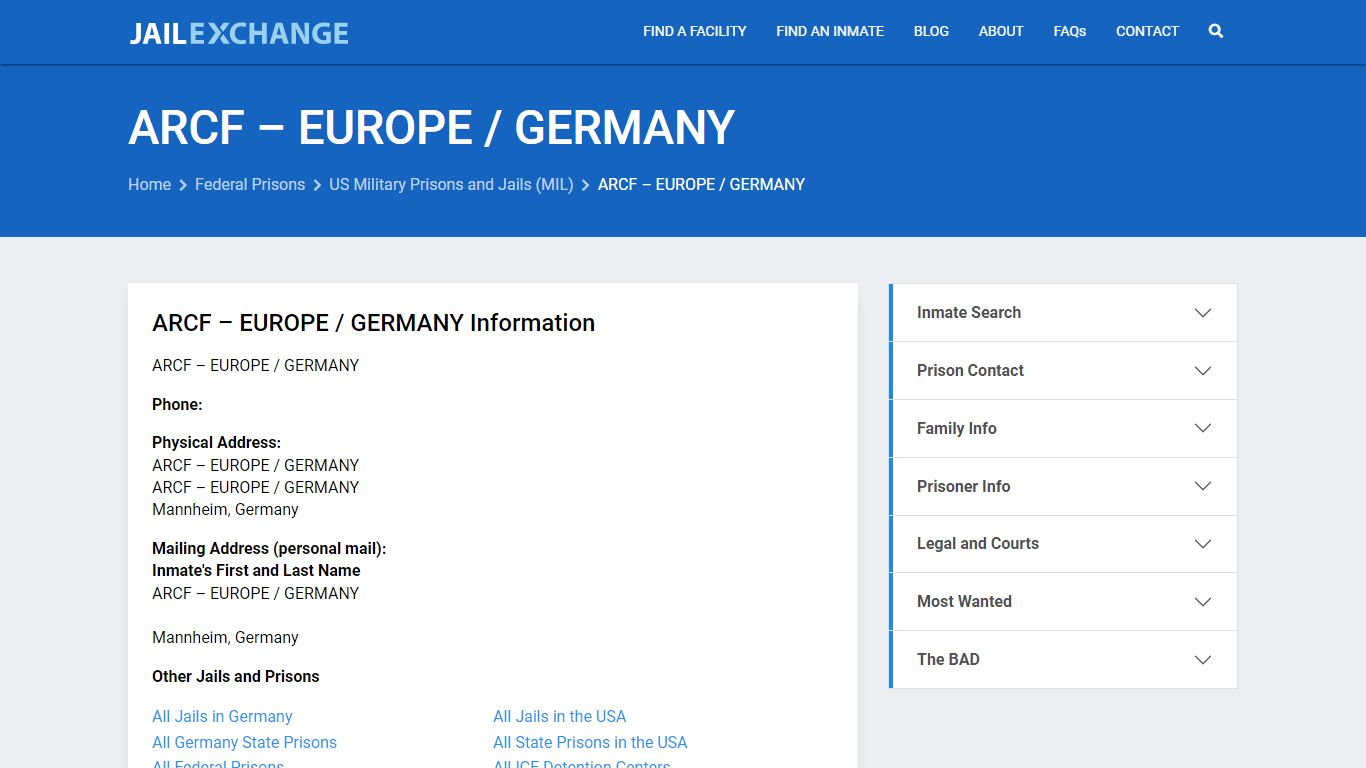 Federal Inmate Search - ARCF – EUROPE / GERMANY - Jail Exchange
